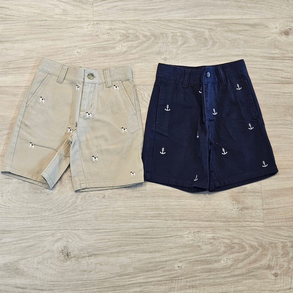 Janie and Jack Chino Shorts Boys 4 Tan Navy NEW Embroidered‎ Dog Anchor Bundle